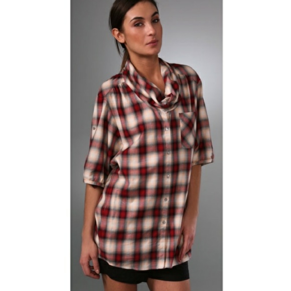 VINCE Plaid Roll Sleeve Cowl Neck Top